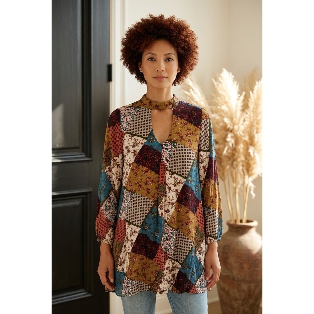Entro Patchwork Floral Choker Neck Keyhole Tunic Top Multi Color Large